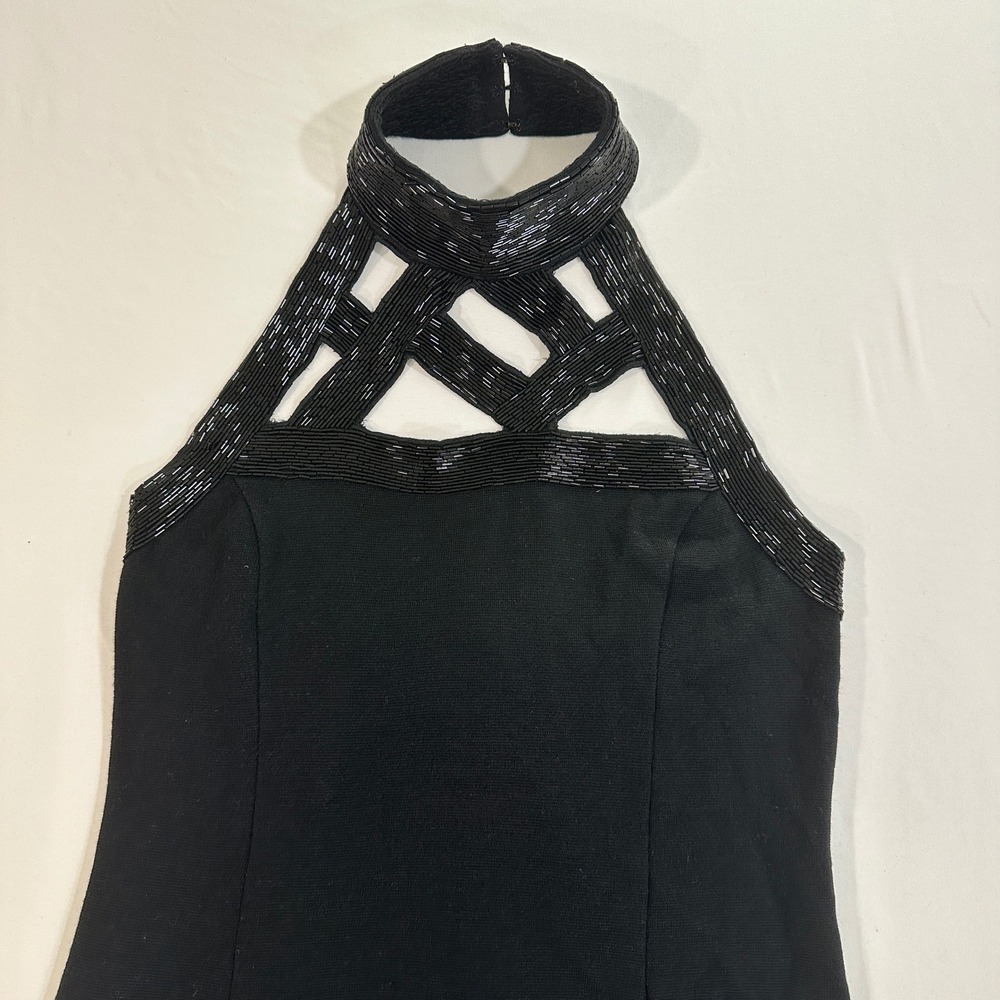Outlander Beaded Halter Dress Women M Black Wool Blend Lattice Cutout Cocktail